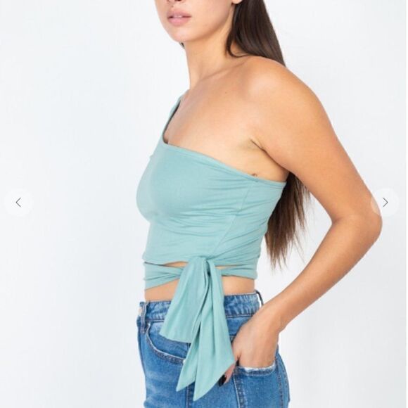 Wrap Around One Shoulder Tie Waist Top  Long Sleeve Trendy Aqua - Picture 2 of 3